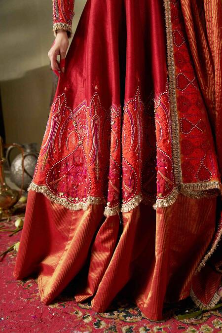 Shop_17:17 By Simmi Saboo_Orange Silk, Chanderi Silk, Cotton Embroidery, Sequins, Pearls, Gota Lehenga Set _Online_at_Aza_Fashions