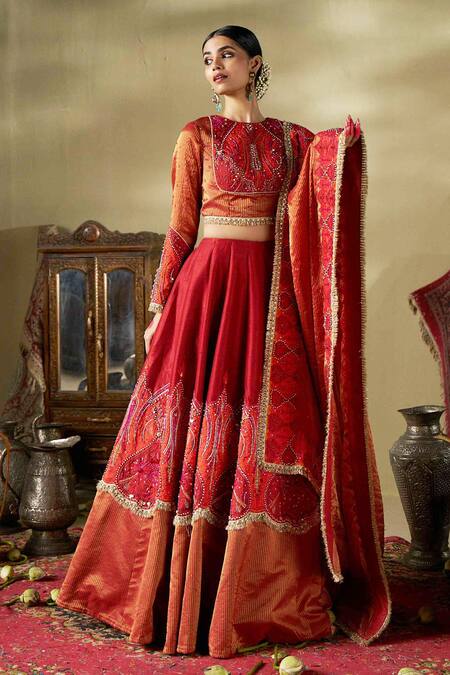 17:17 By Simmi Saboo_Orange Silk, Chanderi Silk, Cotton Embroidery, Sequins, Pearls, Gota Lehenga Set _at_Aza_Fashions