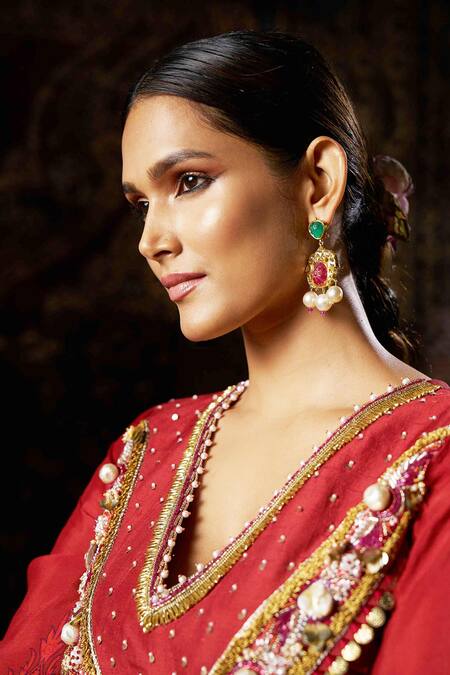 Buy_17:17 By Simmi Saboo_Orange Silk, Organza Pearls, Sequins, Beads V-neck Floral Embroidered Kurta Set 