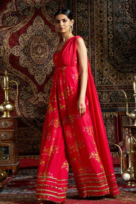 17:17 By Simmi Saboo_Pink Silk, Chiffon Sequins, Beads Asymmetric Floral Print Drape Jumpsuit _Online_at_Aza_Fashions