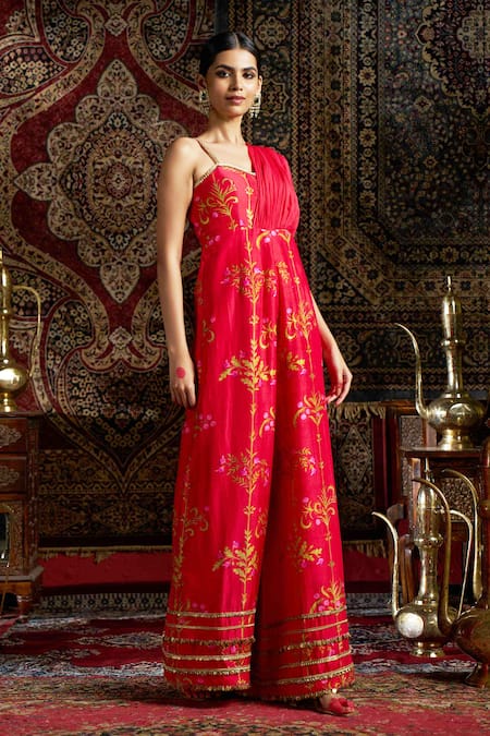 Buy_17:17 By Simmi Saboo_Pink Silk, Chiffon Sequins, Beads Asymmetric Floral Print Drape Jumpsuit _Online_at_Aza_Fashions