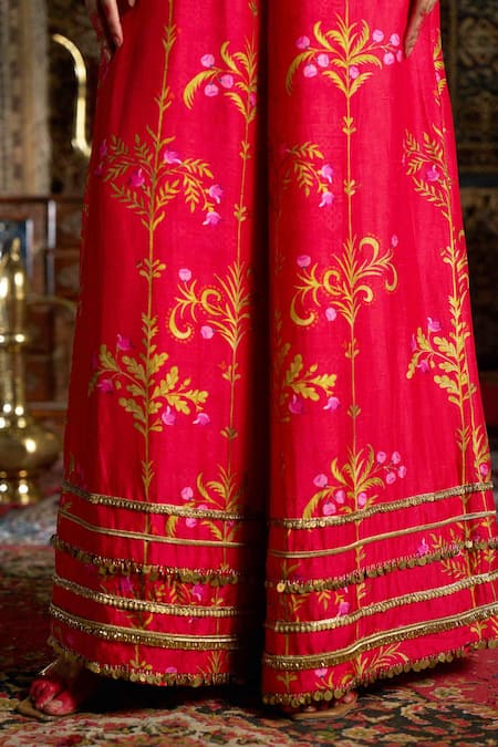 Shop_17:17 By Simmi Saboo_Pink Silk, Chiffon Sequins, Beads Asymmetric Floral Print Drape Jumpsuit _Online_at_Aza_Fashions