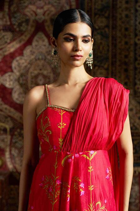 Buy_17:17 By Simmi Saboo_Pink Silk, Chiffon Sequins, Beads Asymmetric Floral Print Drape Jumpsuit 