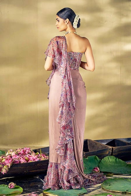 17:17 By Simmi Saboo Floral Embroidered Ruffle Pre-Draped Saree 