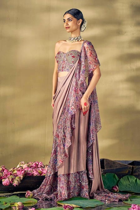 17:17 By Simmi Saboo_Gray Chiffon, Organza Sequins, Beads Floral Embroidered Ruffle Pre-draped Saree _Online_at_Aza_Fashions