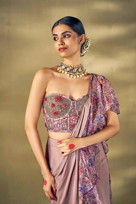 Buy_17:17 By Simmi Saboo_Gray Chiffon, Organza Sequins, Beads Floral Embroidered Ruffle Pre-draped Saree _Online_at_Aza_Fashions