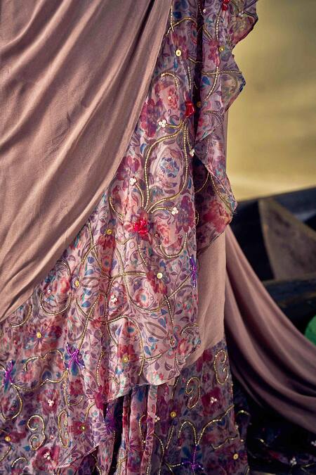 Shop_17:17 By Simmi Saboo_Gray Chiffon, Organza Sequins, Beads Floral Embroidered Ruffle Pre-draped Saree _Online_at_Aza_Fashions