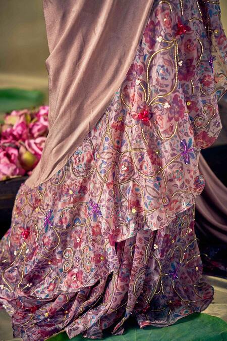 17:17 By Simmi Saboo_Gray Chiffon, Organza Sequins, Beads Floral Embroidered Ruffle Pre-draped Saree _at_Aza_Fashions