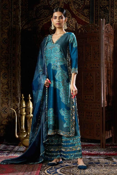 17:17 By Simmi Saboo Teal Blue Collage Print Kurta Pant Set 