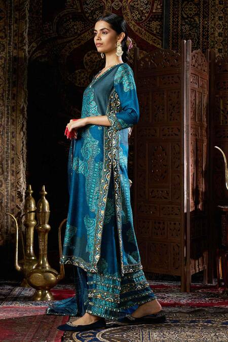 17:17 By Simmi Saboo_Blue Silk, Organza Sequins, Pearls, Beads Teal Collage Print Kurta Pant Set _Online_at_Aza_Fashions