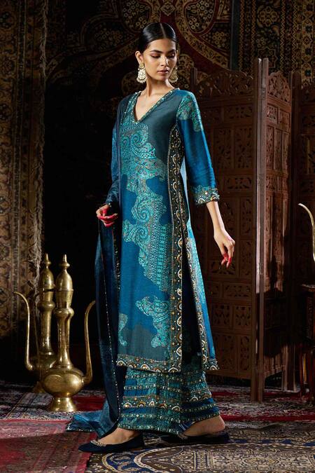 Buy_17:17 By Simmi Saboo_Blue Silk, Organza Sequins, Pearls, Beads Teal Collage Print Kurta Pant Set _Online_at_Aza_Fashions