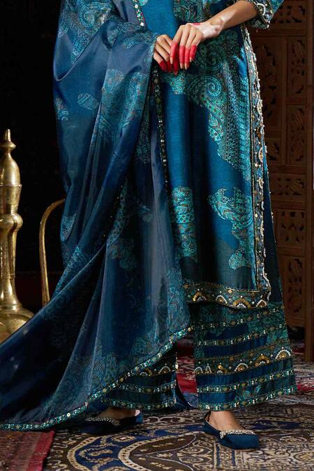 Shop_17:17 By Simmi Saboo_Blue Silk, Organza Sequins, Pearls, Beads Teal Collage Print Kurta Pant Set _Online_at_Aza_Fashions