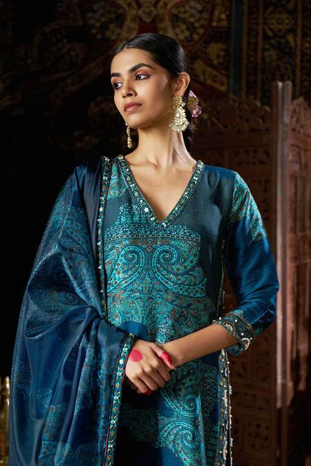 17:17 By Simmi Saboo_Blue Silk, Organza Sequins, Pearls, Beads Teal Collage Print Kurta Pant Set _at_Aza_Fashions