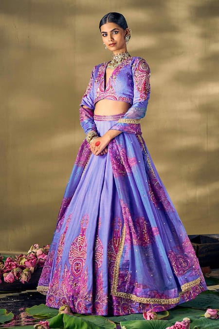 17:17 By Simmi Saboo_Lilac Silk, Organza Pearls, Beads, Sequins V-neck Floral Print Lehenga Set _Online_at_Aza_Fashions