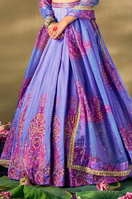 Buy_17:17 By Simmi Saboo_Lilac Silk, Organza Pearls, Beads, Sequins V-neck Floral Print Lehenga Set _Online_at_Aza_Fashions