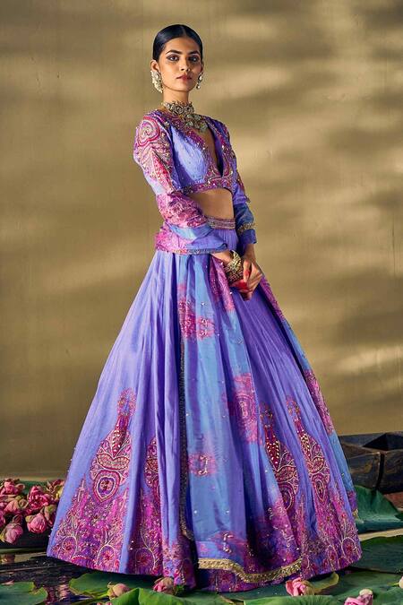 Shop_17:17 By Simmi Saboo_Lilac Silk, Organza Pearls, Beads, Sequins V-neck Floral Print Lehenga Set _Online_at_Aza_Fashions