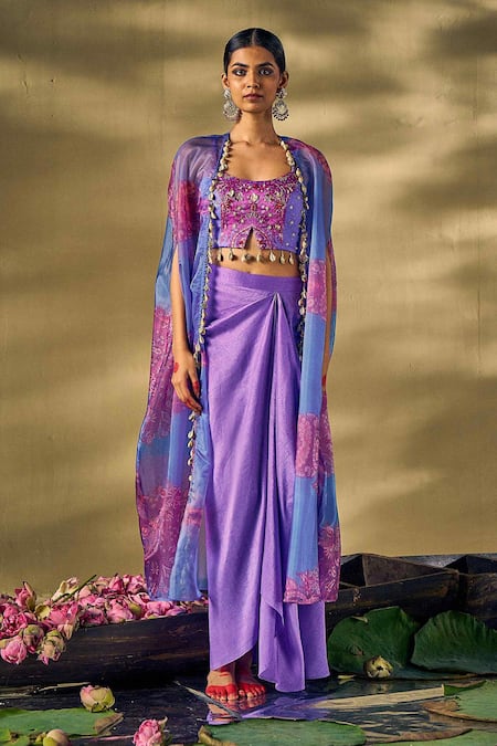 17:17 By Simmi Saboo Floral Embroidered Cape Draped Skirt Set 