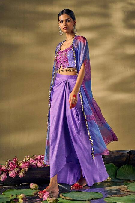 17:17 By Simmi Saboo_Purple Silk, Organza Beads, Sequins, Floral Embroidered Cape Draped Skirt Set _Online_at_Aza_Fashions