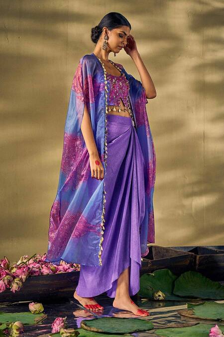 Buy_17:17 By Simmi Saboo_Purple Silk, Organza Beads, Sequins, Floral Embroidered Cape Draped Skirt Set _Online_at_Aza_Fashions