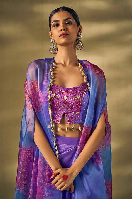17:17 By Simmi Saboo_Purple Silk, Organza Beads, Sequins, Floral Embroidered Cape Draped Skirt Set _at_Aza_Fashions