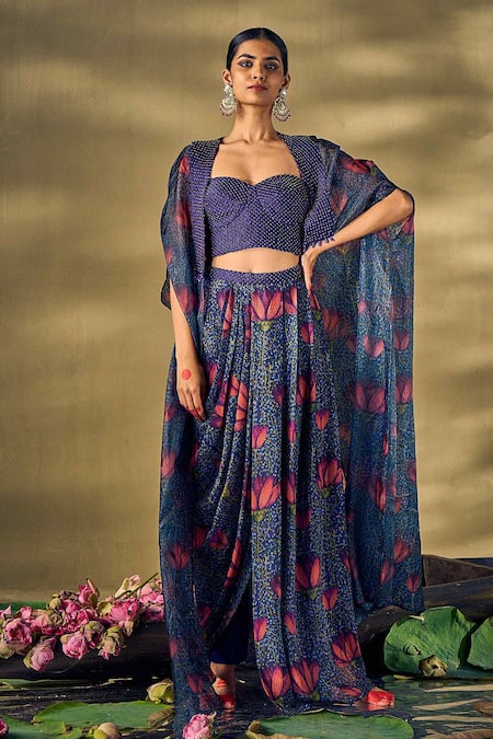 17:17 by Simmi Saboo Lotus Print Cape Draped Skirt Set 