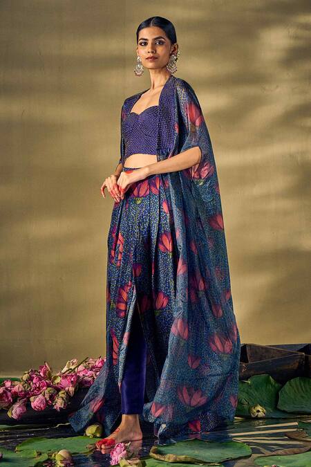 17:17 By Simmi Saboo_Blue Raw Silk Printed Lotus Cape Open Draped Skirt Set _Online_at_Aza_Fashions