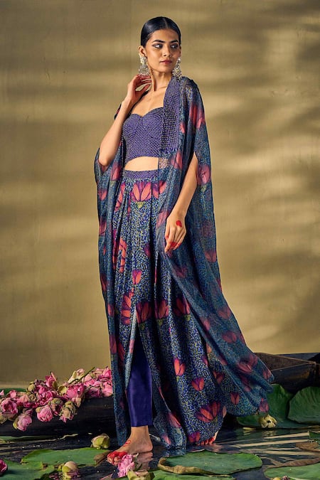 Buy_17:17 By Simmi Saboo_Blue Raw Silk Printed Lotus Cape Open Draped Skirt Set _Online_at_Aza_Fashions
