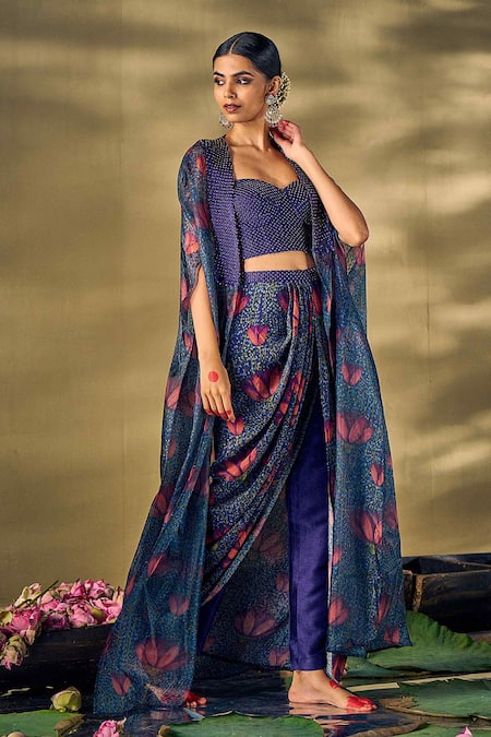 Shop_17:17 By Simmi Saboo_Blue Raw Silk Printed Lotus Cape Open Draped Skirt Set _Online_at_Aza_Fashions