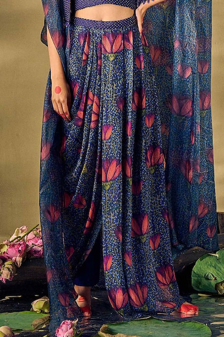 17:17 By Simmi Saboo_Blue Raw Silk Printed Lotus Cape Open Draped Skirt Set _at_Aza_Fashions