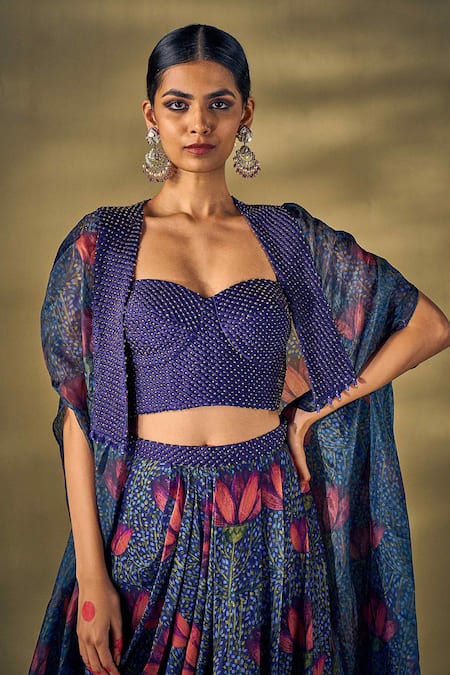 Buy_17:17 By Simmi Saboo_Blue Raw Silk Printed Lotus Cape Open Draped Skirt Set 