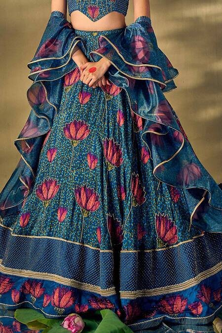 Buy_17:17 By Simmi Saboo_Blue Silk, Organza Beads, Patchwork, Lace Halter Lotus Print Beaded Lehenga Set _Online_at_Aza_Fashions