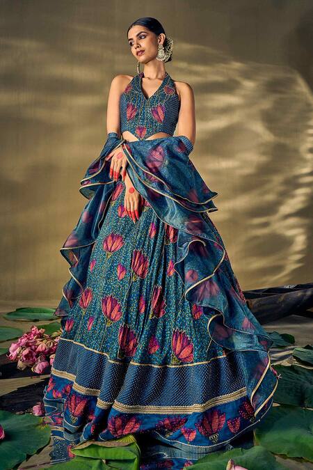 Shop_17:17 By Simmi Saboo_Blue Silk, Organza Beads, Patchwork, Lace Halter Lotus Print Beaded Lehenga Set _Online_at_Aza_Fashions