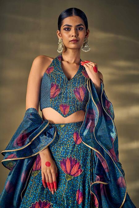 Buy_17:17 By Simmi Saboo_Blue Silk, Organza Beads, Patchwork, Lace Halter Lotus Print Beaded Lehenga Set 