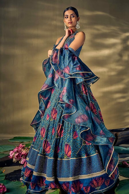 Shop_17:17 By Simmi Saboo_Blue Silk, Organza Beads, Patchwork, Lace Halter Lotus Print Beaded Lehenga Set 