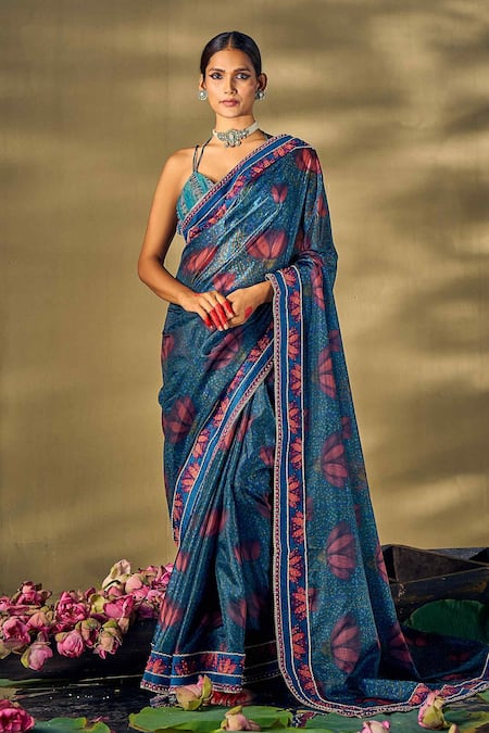 17:17 by Simmi Saboo Lotus Print Saree With Halter Neck Blouse 