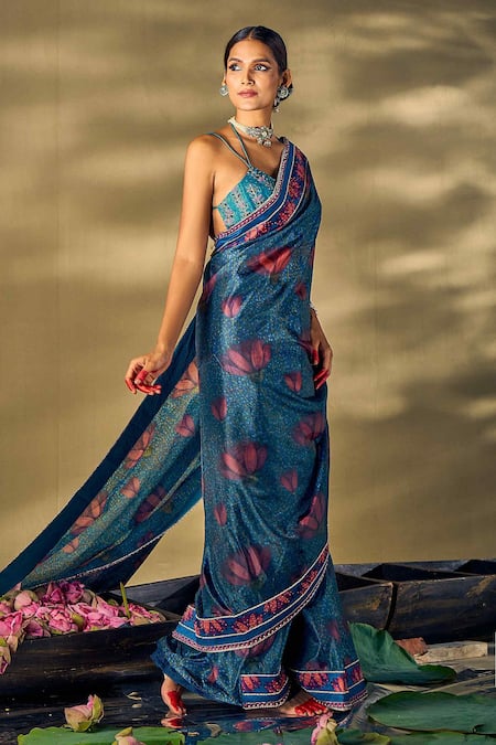 17:17 By Simmi Saboo_Blue Silk, Organza Embroidery, Pearls, Sequins Lotus Print Saree And Blouse _Online_at_Aza_Fashions