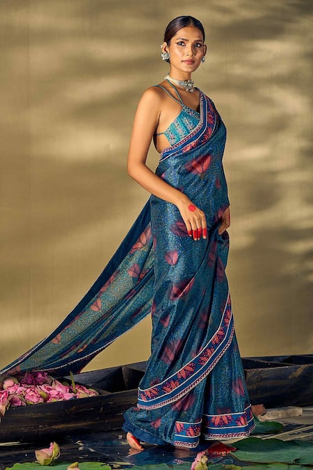 Buy_17:17 By Simmi Saboo_Blue Silk, Organza Embroidery, Pearls, Sequins Lotus Print Saree And Blouse _Online_at_Aza_Fashions