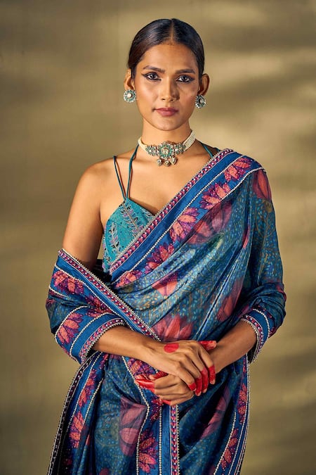 Shop_17:17 By Simmi Saboo_Blue Silk, Organza Embroidery, Pearls, Sequins Lotus Print Saree And Blouse _Online_at_Aza_Fashions