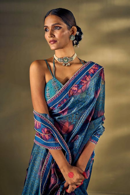 17:17 By Simmi Saboo_Blue Silk, Organza Embroidery, Pearls, Sequins Lotus Print Saree And Blouse _at_Aza_Fashions