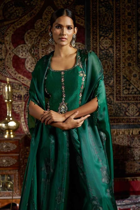 17:17 By Simmi Saboo_Green Silk, Organza Sequins, Beads, Embroidery Floral Print Cape Gharara Set _Online_at_Aza_Fashions