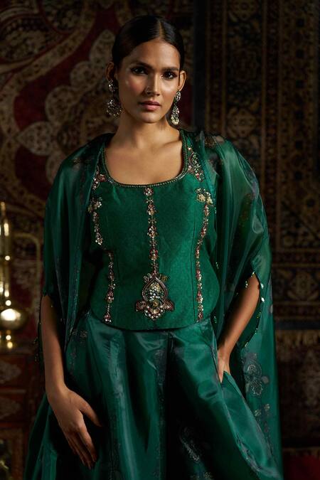 Buy_17:17 By Simmi Saboo_Green Silk, Organza Sequins, Beads, Embroidery Floral Print Cape Gharara Set _Online_at_Aza_Fashions