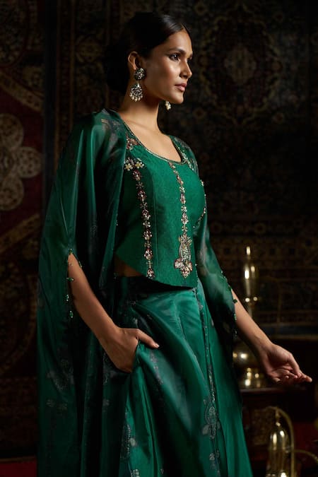 Shop_17:17 By Simmi Saboo_Green Silk, Organza Sequins, Beads, Embroidery Floral Print Cape Gharara Set _Online_at_Aza_Fashions