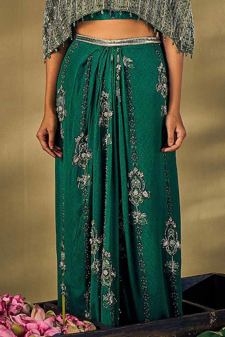 17:17 By Simmi Saboo_Green Silk Pearls, Beads, Sequins Round Embroidered Cape And Pleated Skirt Set _Online_at_Aza_Fashions