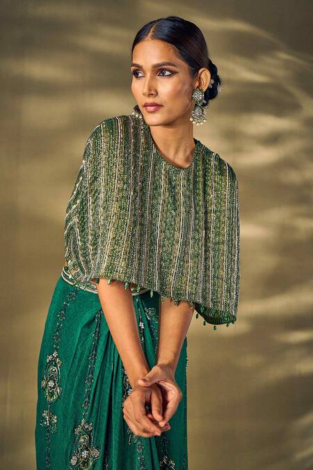Buy_17:17 By Simmi Saboo_Green Silk Pearls, Beads, Sequins Round Embroidered Cape And Pleated Skirt Set _Online_at_Aza_Fashions
