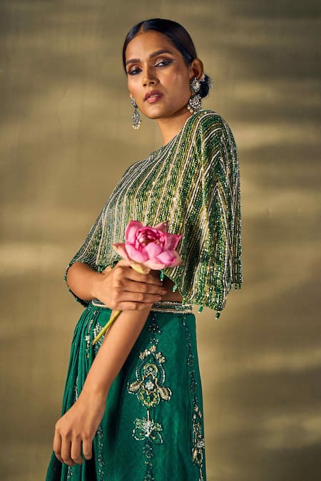 Shop_17:17 By Simmi Saboo_Green Silk Pearls, Beads, Sequins Round Embroidered Cape And Pleated Skirt Set _Online_at_Aza_Fashions