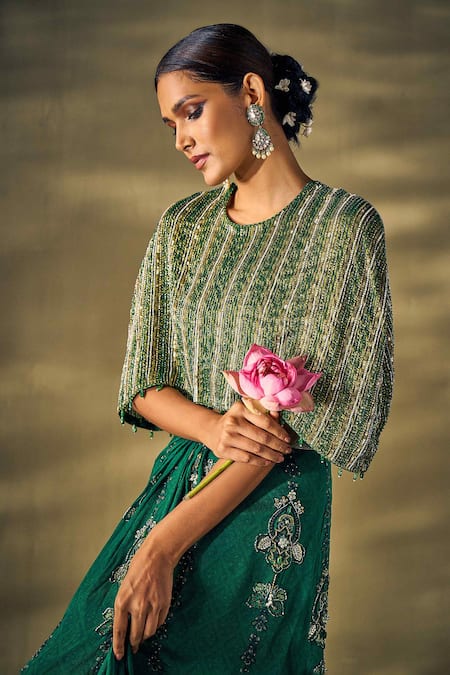 17:17 By Simmi Saboo_Green Silk Pearls, Beads, Sequins Round Embroidered Cape And Pleated Skirt Set _at_Aza_Fashions