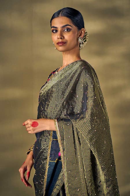 17:17 By Simmi Saboo_Black Silk Sequins, Pearls, Embroidery Round Neck Striped Embellished Saree Set _Online_at_Aza_Fashions