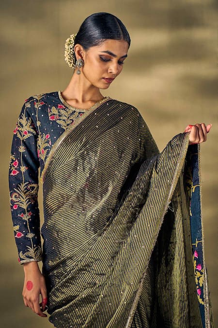 Buy_17:17 By Simmi Saboo_Black Silk Sequins, Pearls, Embroidery Round Neck Striped Embellished Saree Set _Online_at_Aza_Fashions