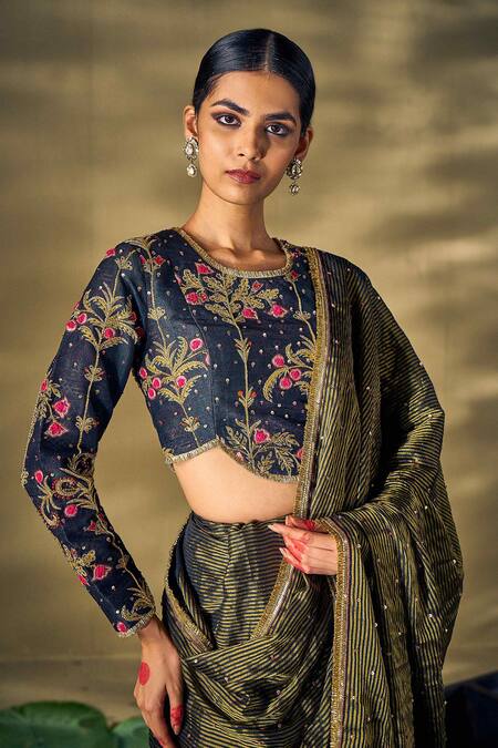 Shop_17:17 By Simmi Saboo_Black Silk Sequins, Pearls, Embroidery Round Neck Striped Embellished Saree Set _Online_at_Aza_Fashions