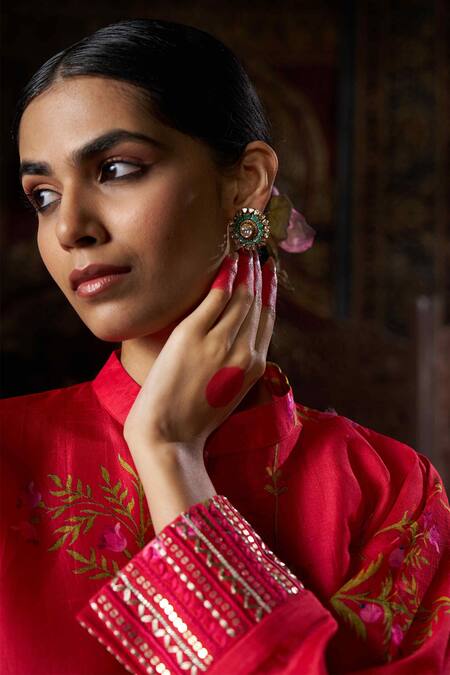 17:17 By Simmi Saboo_Pink Raw Silk Embellished Bead Mandarin Collar Floral Kaftan Set _at_Aza_Fashions